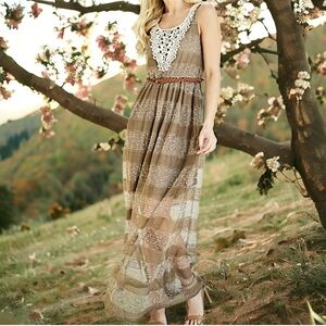 Belted Lace Appliqué Maxi Dress